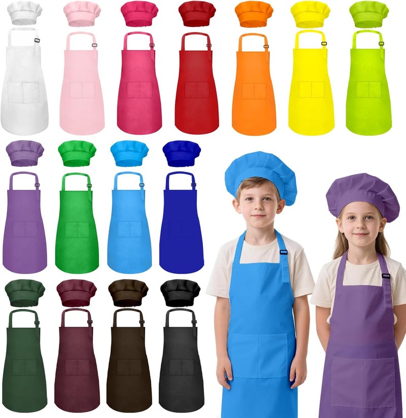 IAGBIBUI Kids Apron and Chef Hat Set, 30 Pieces Boys Girls Kids Apron with 2 Pockets Adjustable for Cooking Classroom Baking Painting, 6-13 Years, Multicolor - Image 1